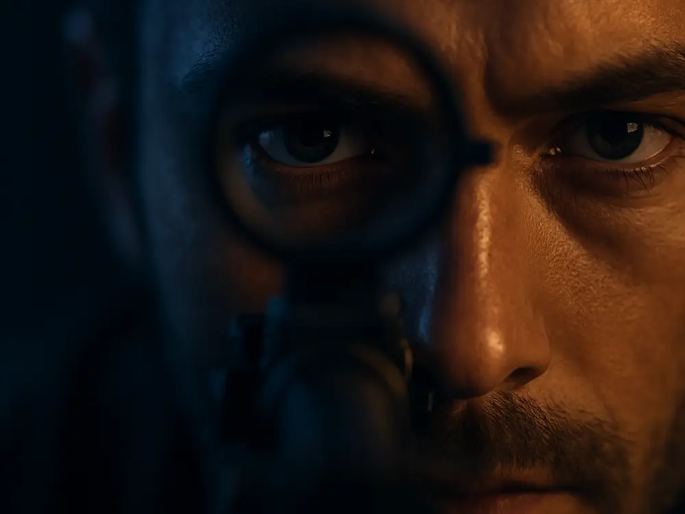 Extreme close-up of a competitive shooter's focused eye behind a sight