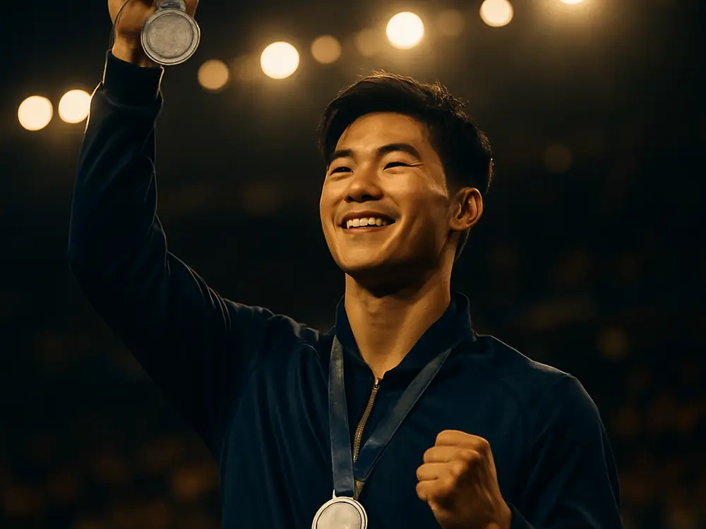 A young athlete on a podium holding a silver medal