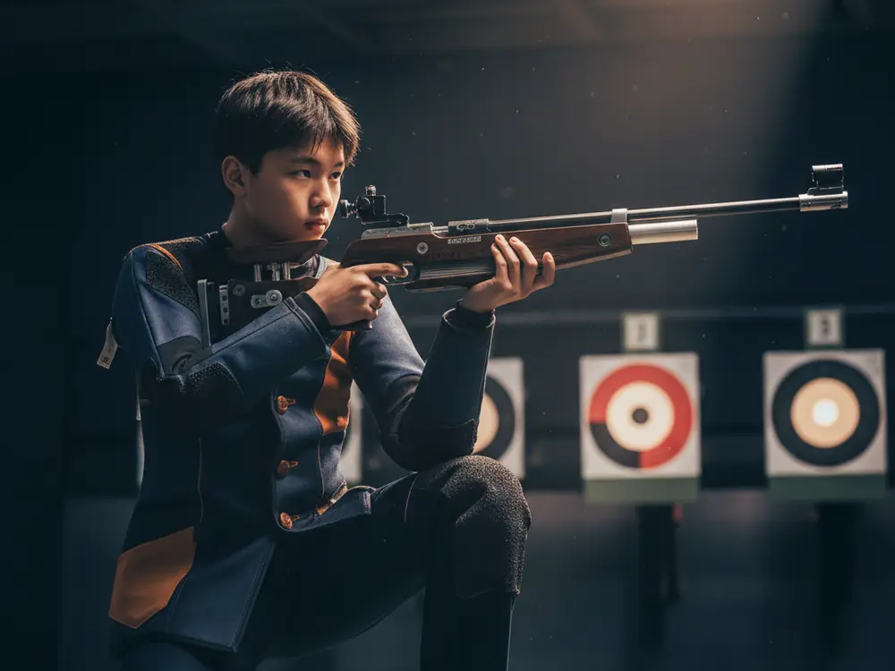A young teenage rifle shooter aiming at an indoor range